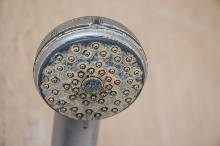 Hard water buildup on plumbing fixture