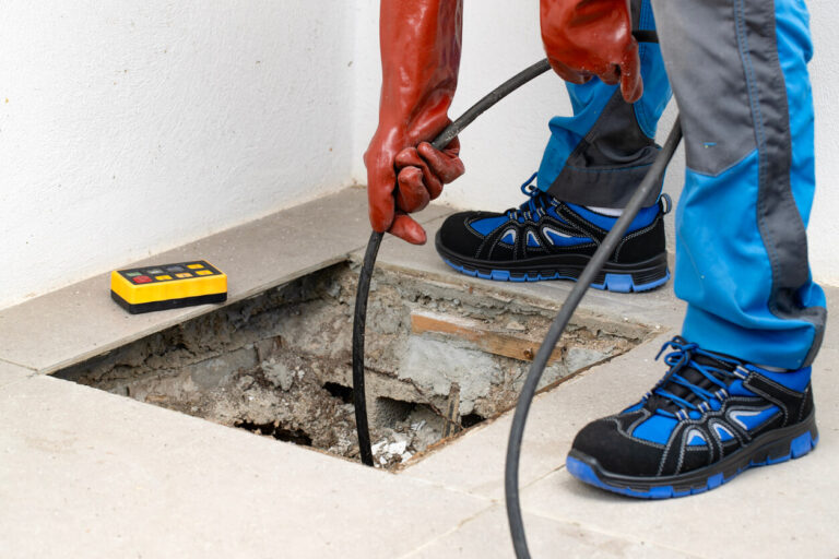 Worker in safety gear using a cable tool to inspect or clear a drain through a hole in a tiled floor.