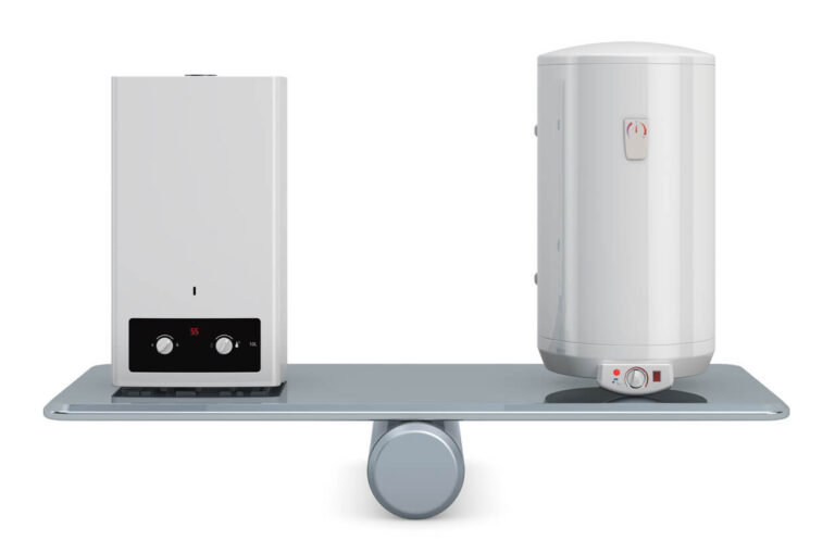 Tank and tankless water heaters side by side on a balance scale, showing comparison of both types.
