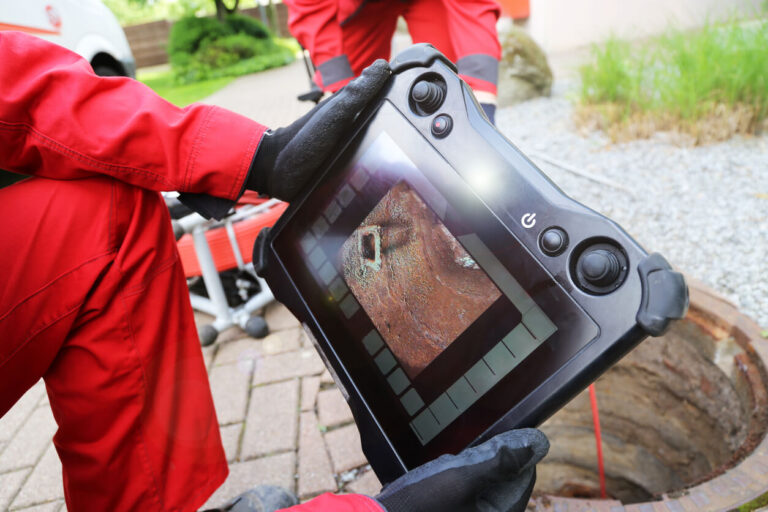 Technician holding a monitor showing a sewer camera inspection revealing pipe damage near a residential manhole.