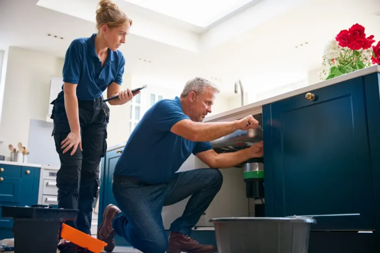 Professional plumbers performing garbage disposal replacement in a kitchen, ensuring safe and efficient installation.