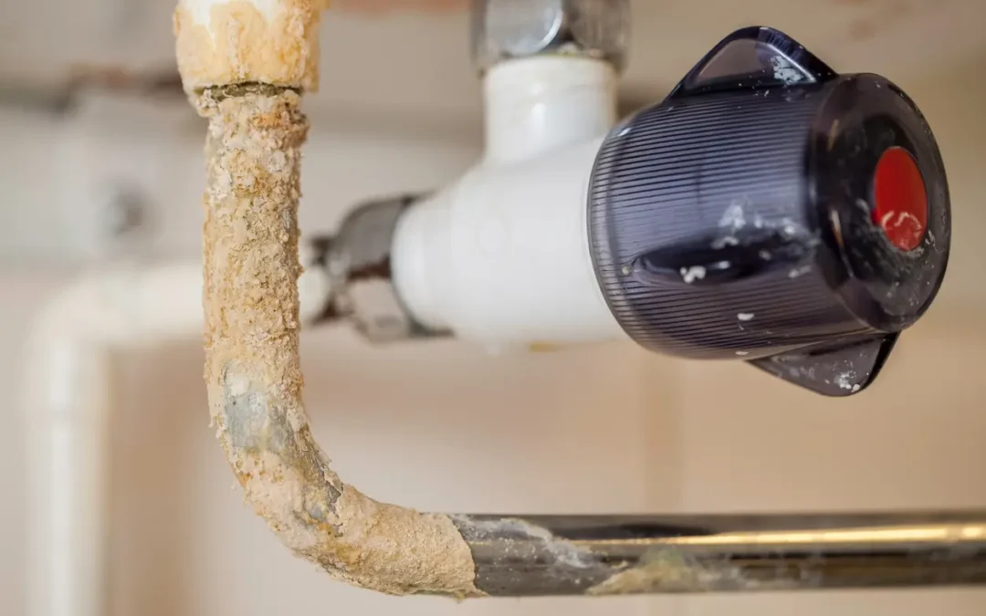 Hard water plumbing damage showing mineral buildup and corrosion on metal pipe under sink from hard water exposure.