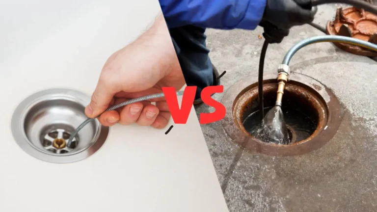 Side-by-side comparison of hydro jetting vs snaking showing two drain cleaning methods.