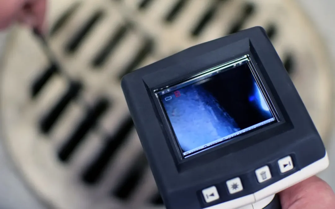 Sewer camera inspection in Houston, Texas showing a pipe’s interior on the monitor during a professional drain evaluation.