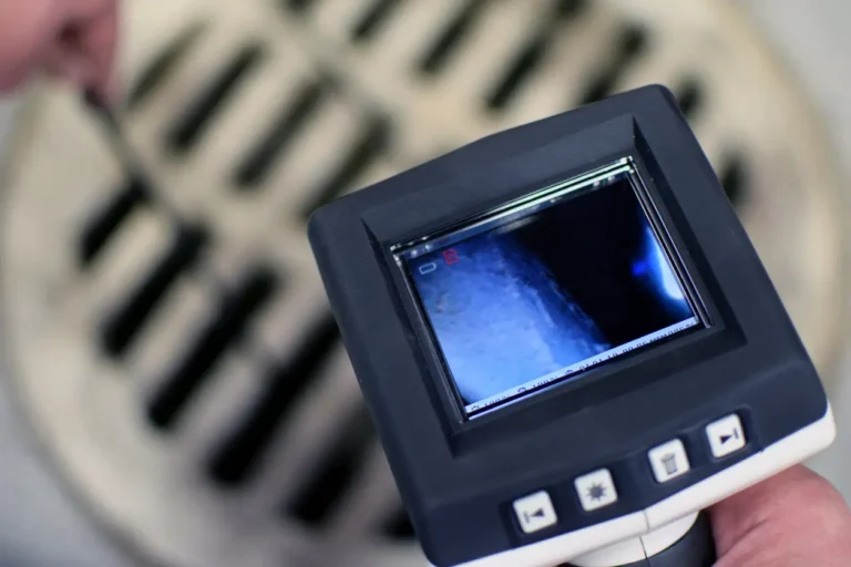 Sewer camera inspection in Houston, Texas showing a pipe’s interior on the monitor during a professional drain evaluation.