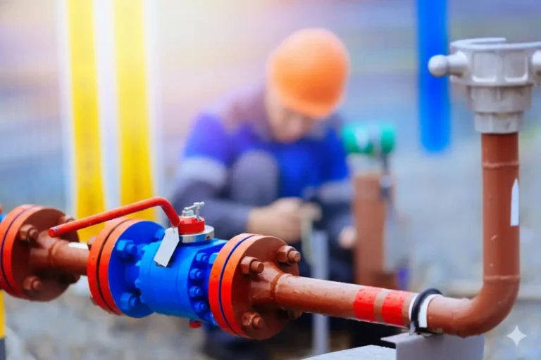 Professional gas leak repair work shown on a secured gas line with a technician inspecting valves for safety.