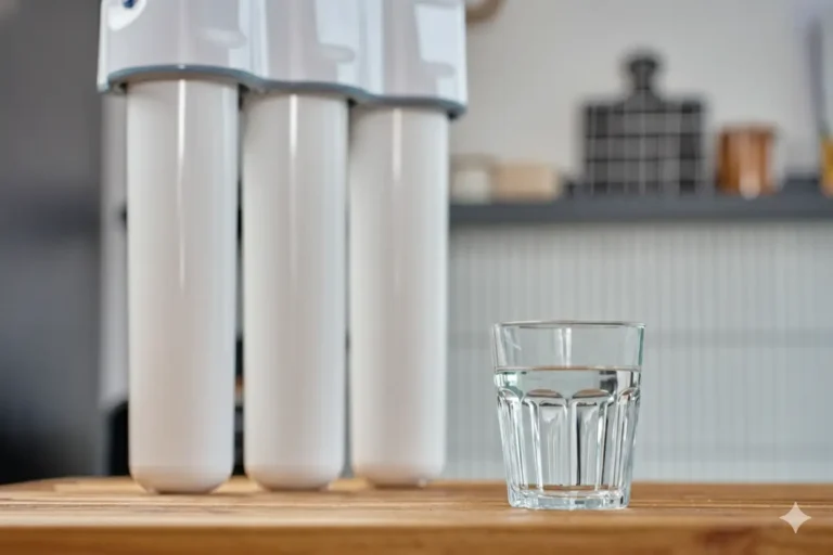 Three-stage home water filtration system on a kitchen counter with a glass of clean drinking water