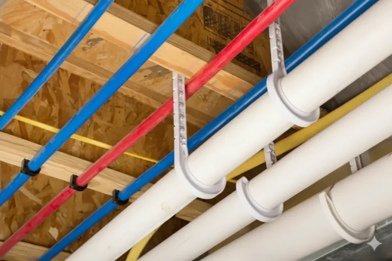 Plumbing pipes installed through floor joists, illustrating when to replace old plumbing during a home repiping project.