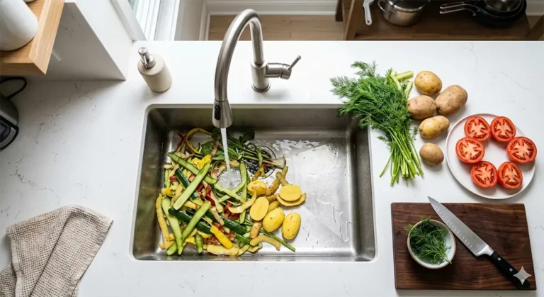 Food scraps in kitchen sink that can cause garbage disposal problems in Texas homes.