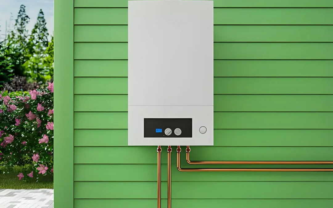 Tankless water heater installation in Texas on an exterior wall with copper plumbing.