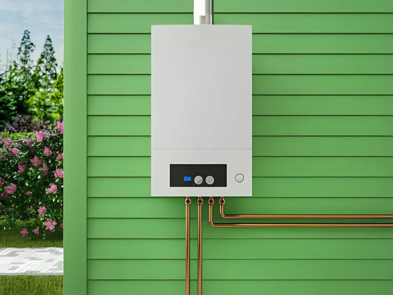Tankless water heater installation in Texas on an exterior wall with copper plumbing.