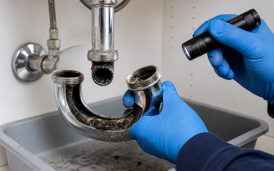 Black sludge and biofilm visible inside a disconnected bathroom sink P-trap during inspection