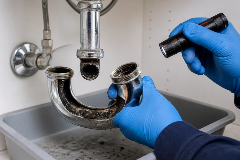 Black sludge and biofilm visible inside a disconnected bathroom sink P-trap during inspection