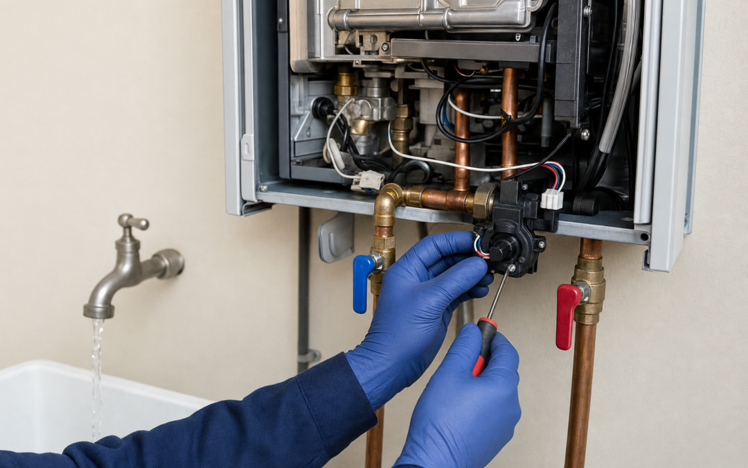Technician inspecting the water-flow sensor inside a wall-mounted tankless water heater while a nearby faucet runs at low flow