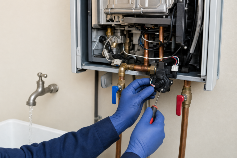 Technician inspecting the water-flow sensor inside a wall-mounted tankless water heater while a nearby faucet runs at low flow