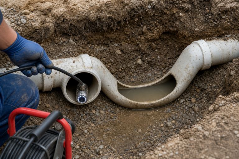 Sewer camera inspecting pooled water in a sagged sewer-line belly