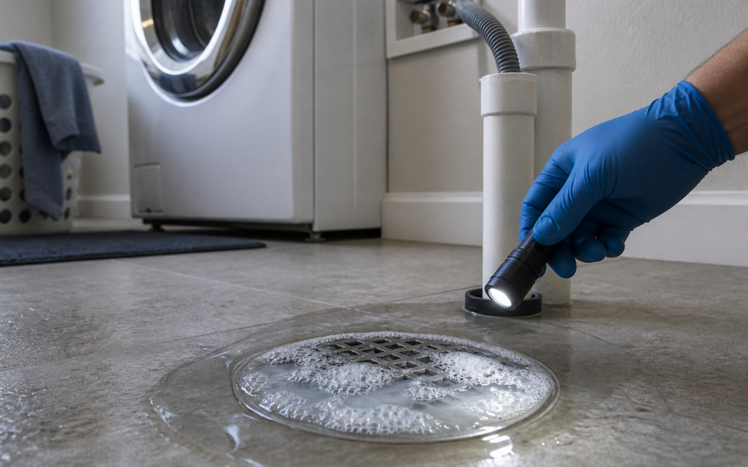 Laundry-room floor drain rising with gray water and soap foam while a washing machine discharges as a plumber inspects the drain path