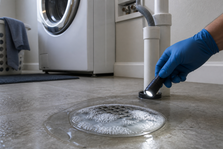 Laundry-room floor drain rising with gray water and soap foam while a washing machine discharges as a plumber inspects the drain path