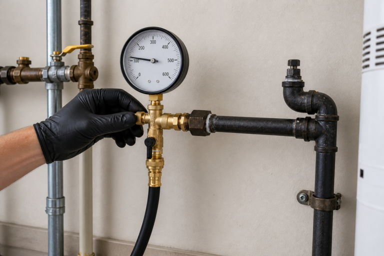 Professional gas-line pressure-test gauge connected to black iron piping in a Cypress home