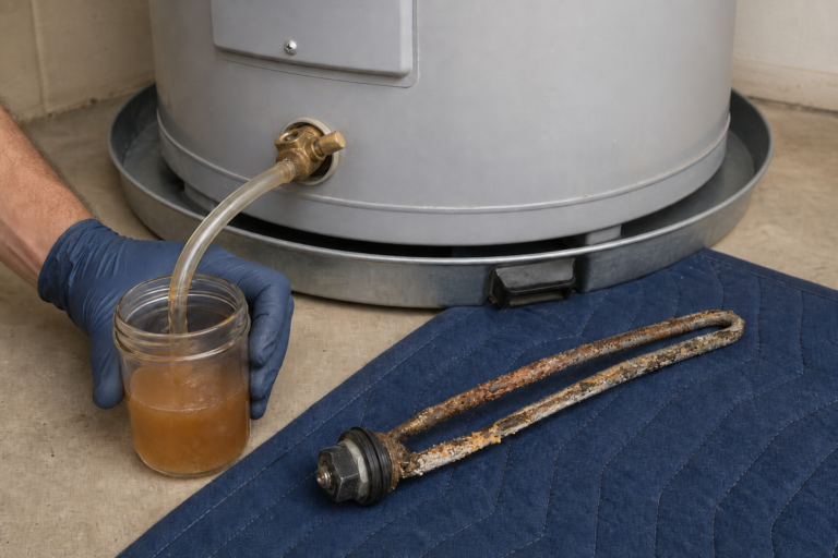 Champion Plumbing technician comparing a clear cold-water sample with a brown hot-water sample beside an opened storage water heater in a Cypress utility room