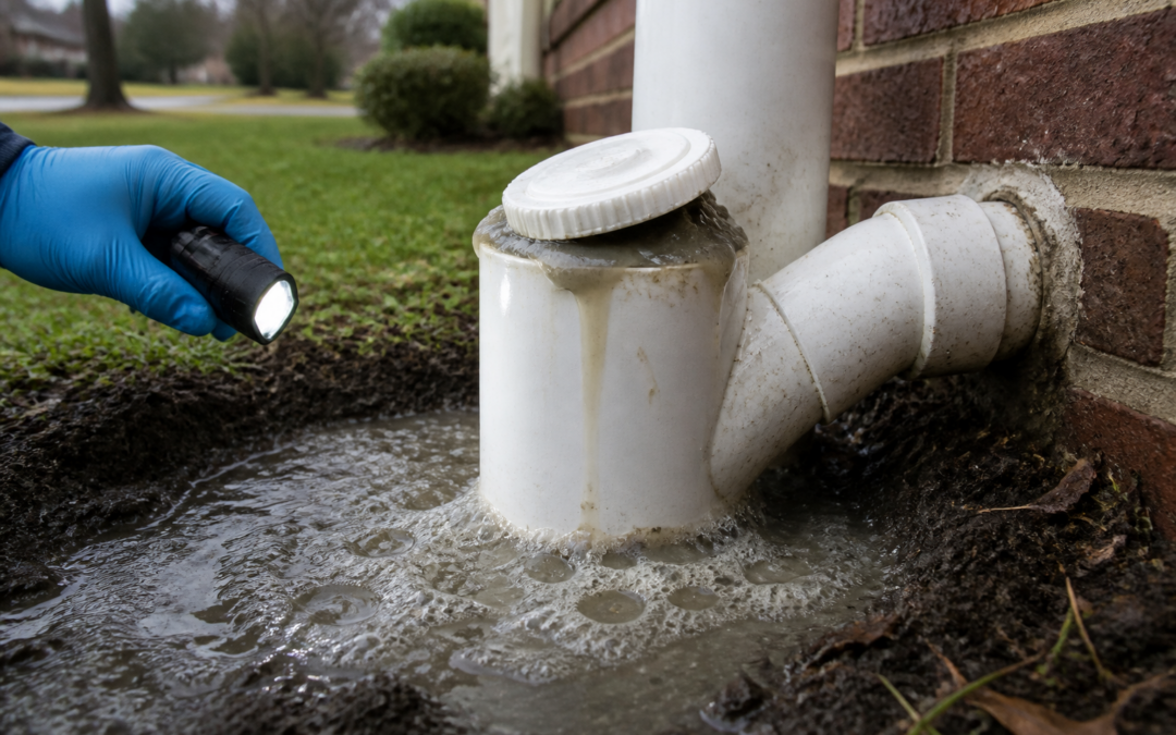 Outdoor PVC sewer cleanout with wastewater surfacing around a displaced cap during a non-contact inspection