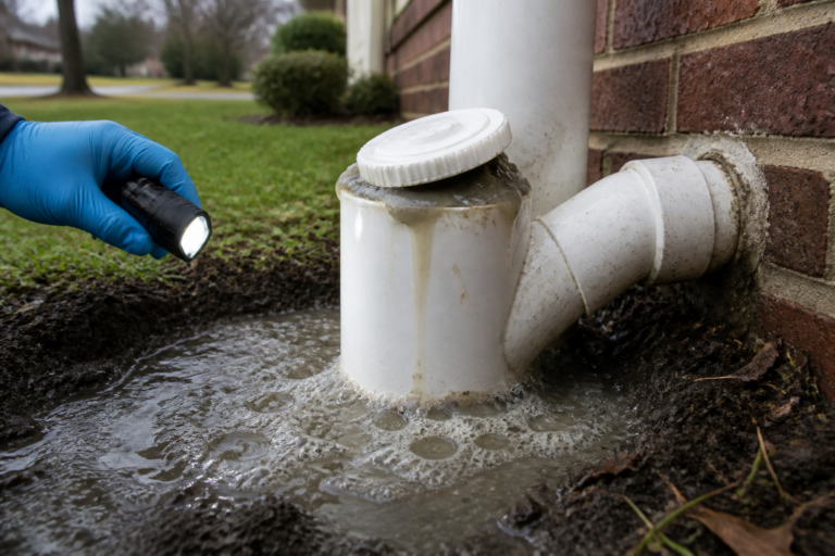 Outdoor PVC sewer cleanout with wastewater surfacing around a displaced cap during a non-contact inspection