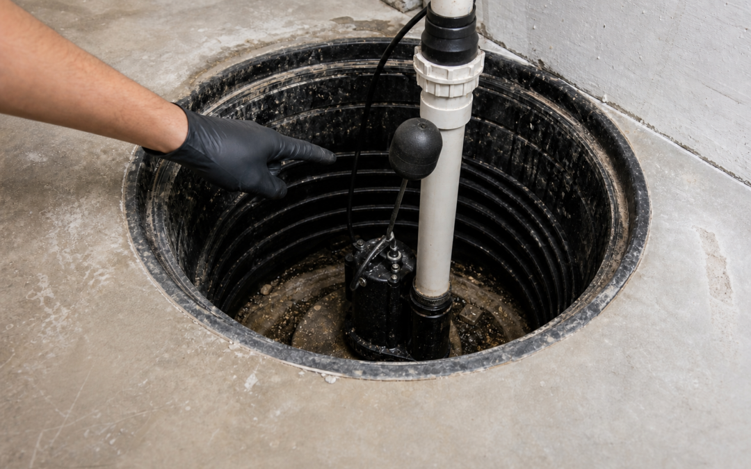 Gloved technician pointing to a raised sump-pump float trapped against the discharge pipe above a nearly empty basin