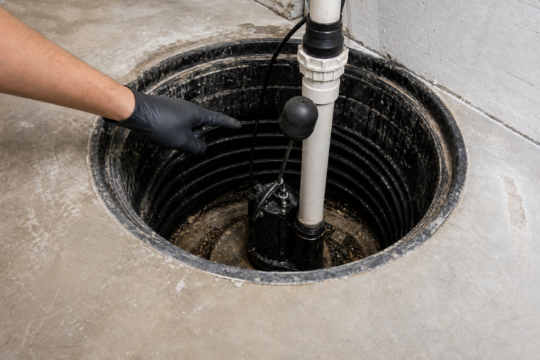 Gloved technician pointing to a raised sump-pump float trapped against the discharge pipe above a nearly empty basin
