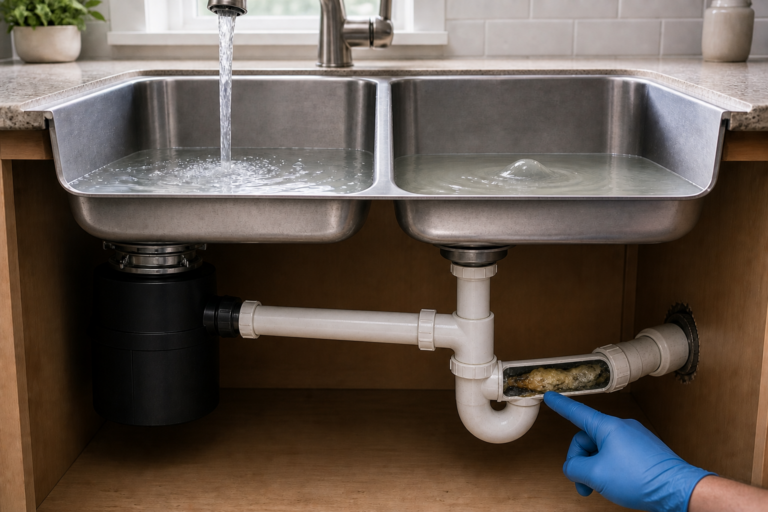 Double kitchen sink with water rising in the opposite bowl and a visible downstream drain restriction beneath the shared connection