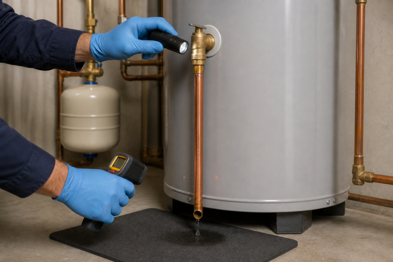 A plumber inspecting a leaking water heater pressure relief valve in a Cypress home