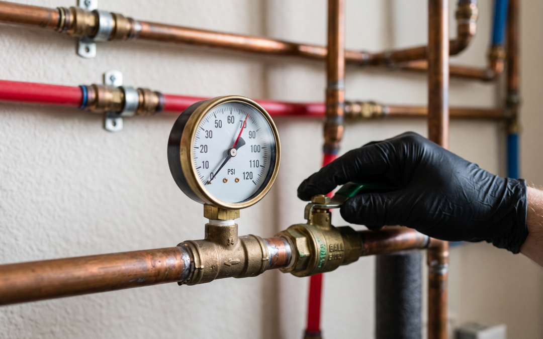 Water pressure gauge on a home water line with copper piping, reading about 72 PSI