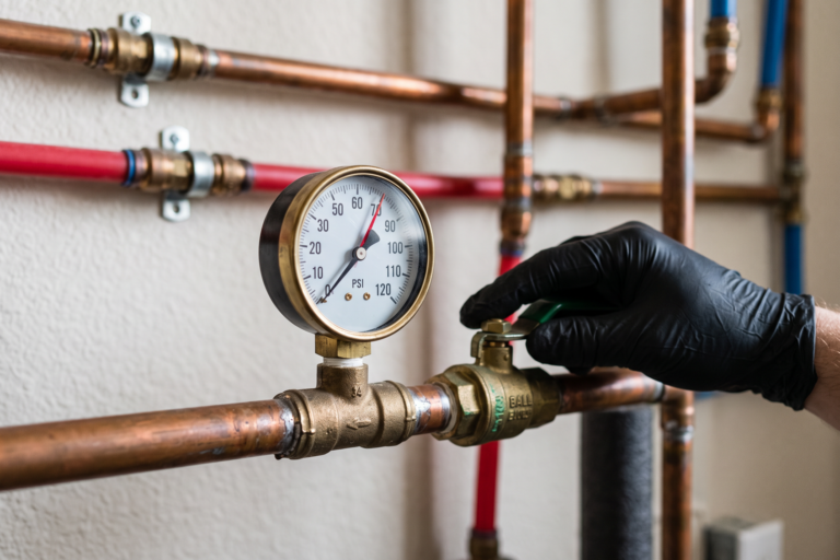 Water pressure gauge on a home water line with copper piping, reading about 72 PSI