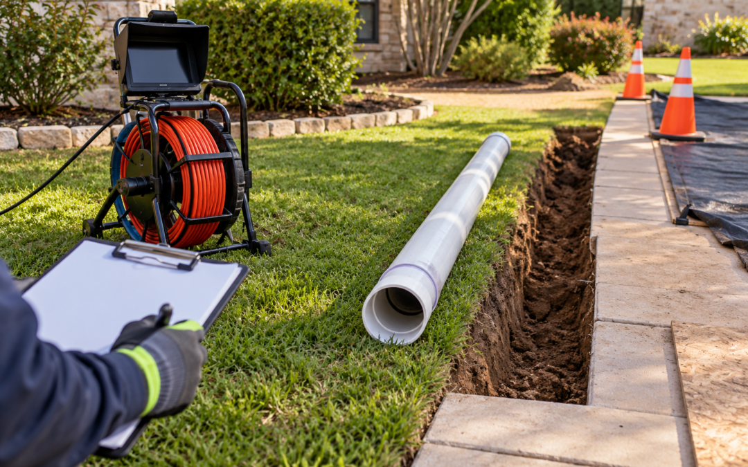 AI-generated illustration of a sewer repair work zone beside a lawn and paved walkway, with inspection equipment and a work-scope clipboard.