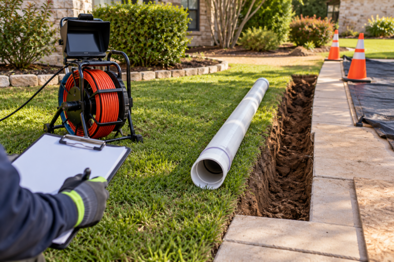 AI-generated illustration of a sewer repair work zone beside a lawn and paved walkway, with inspection equipment and a work-scope clipboard.